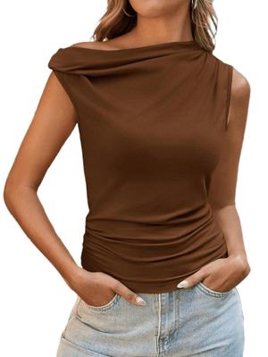 Women's Y2K Off Shoulder Ruched Fitted Tank Top Boat Neck Going Out Shirt