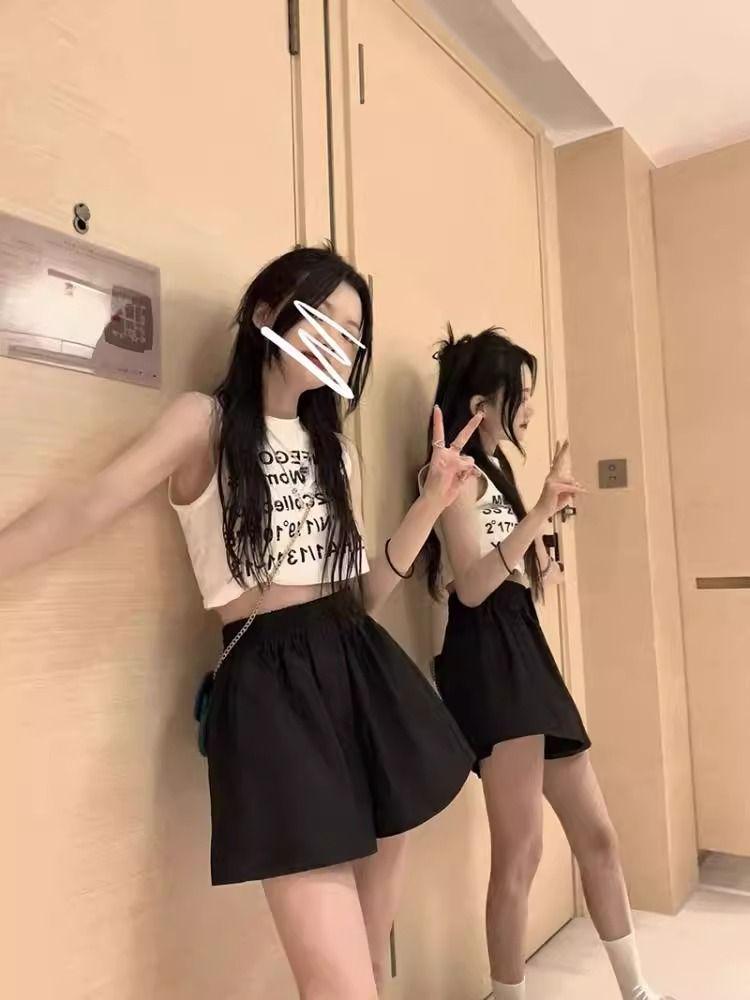 Women's Summer Washed Cotton Wide-Leg High Waist Shorts, Korean Style, Slimming, Solid Color, Versatile, Casual.