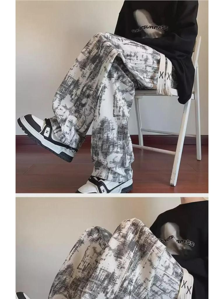 Men's Autumn Tie-Dye Loose-Fit Retro Straight Pants with Velvet