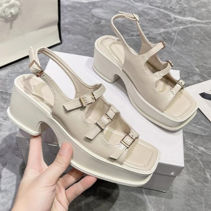 Fashion Women's Fashion Chunky Sandals Summer New Square Head Open Toe Metal Buckle Platform Non-slip High Heels
