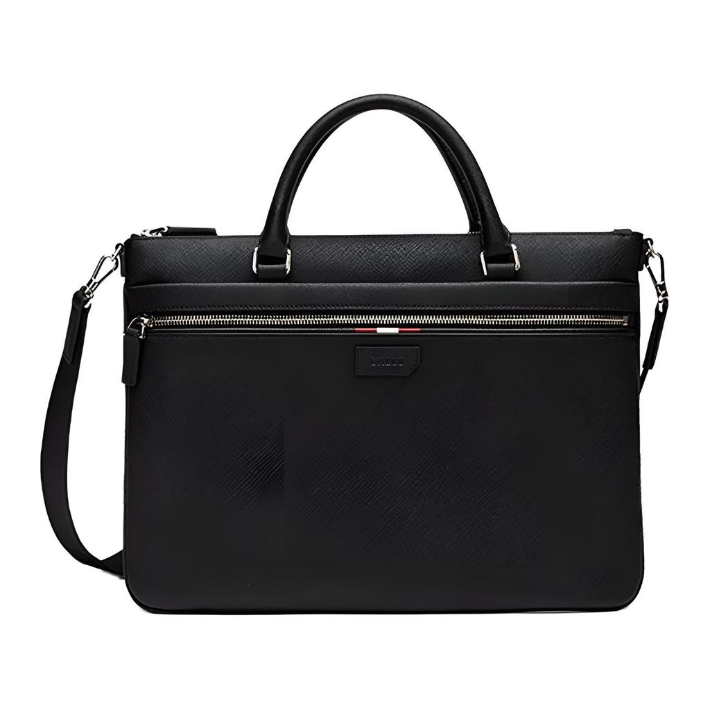 Bally Design Zipper Closure Leather Briefcase Men briefcase Black 6301126
