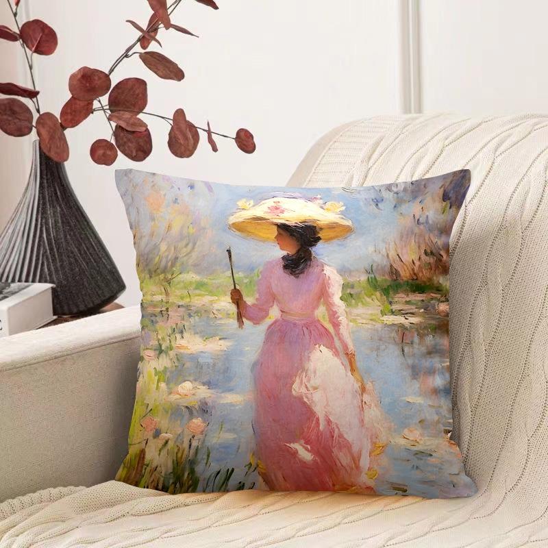 Oil Painting Water Lily Pattern Decorative Pillowcase Living Room Bedroom Square Cushion Pillowcase