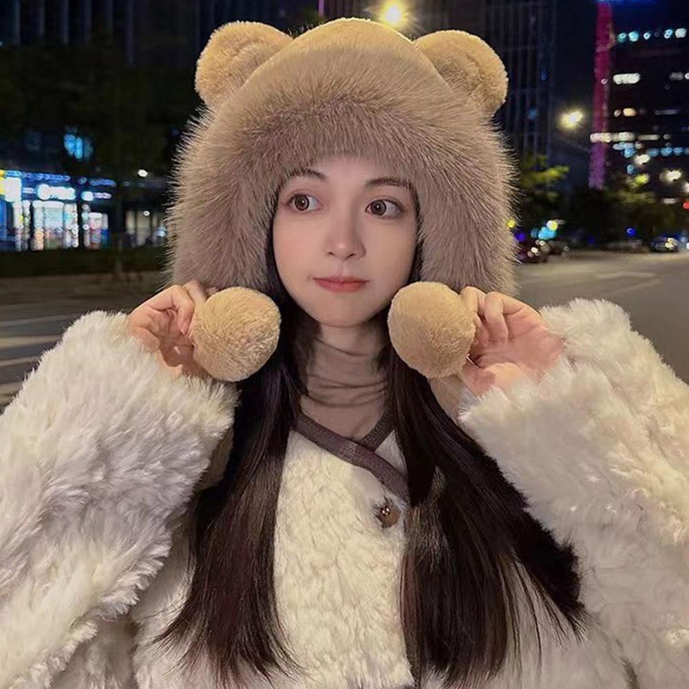 Women Cold Weather Hat Women Plush Hat Soft Fuzzy Women's Plush Hat With Cute Bear Ears Windproof Warm For Autumn Winter