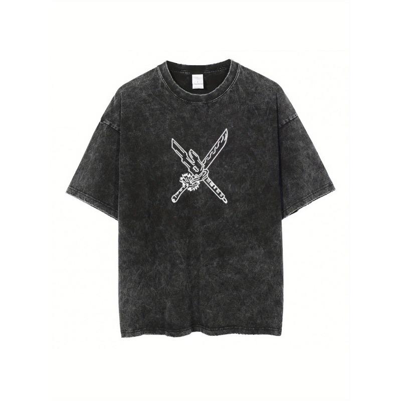 

European Size Men S Heavyweight Vintage Washed T-Shirt | Relaxed Fit Samurai Katana Sword Print,Soft Breathable Short Sleeve Round Neck Streetwear Tee 5XL чорний