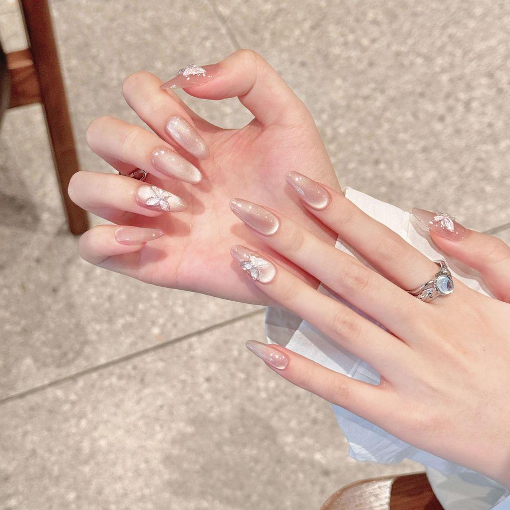Yihe Ice Crystal Butterfly Wearable Nails - Gentle Translucent Cat Eye Blush Whitening Nails