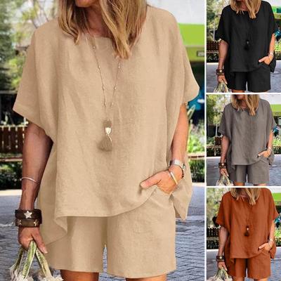 Kadın Pamuk Keten 2 Parça Kıyafet Kısa Kollu Bisiklet Yaka Kazak Üst ve Cepli Şort Seti Yazlık Günlük Ev Giyim Eşofman