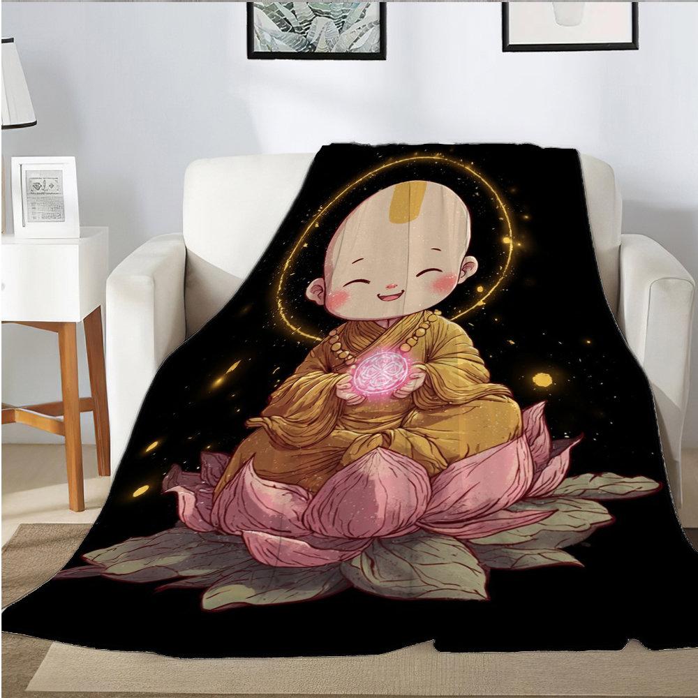 Cartoon monk with lotus flower pattern Flannel printed blanket suitable for all seasons for living room office sofa and travel