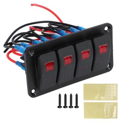Panel kolébkových spínačů 4 spínače Červený Předzapojený kolébkový spínač s 2 ks nálepek pro automobil Loď 12V 20A 24V 10A