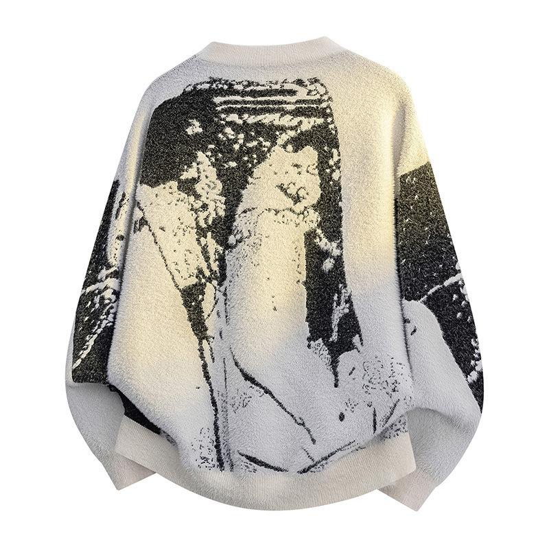 Pullovers Long Sleeves Sweaters Unisex Sweater Spring Autumn Floral Pattern Texture Round Neck Colorblocking Knitted Bottoming Retro Wool Sweater