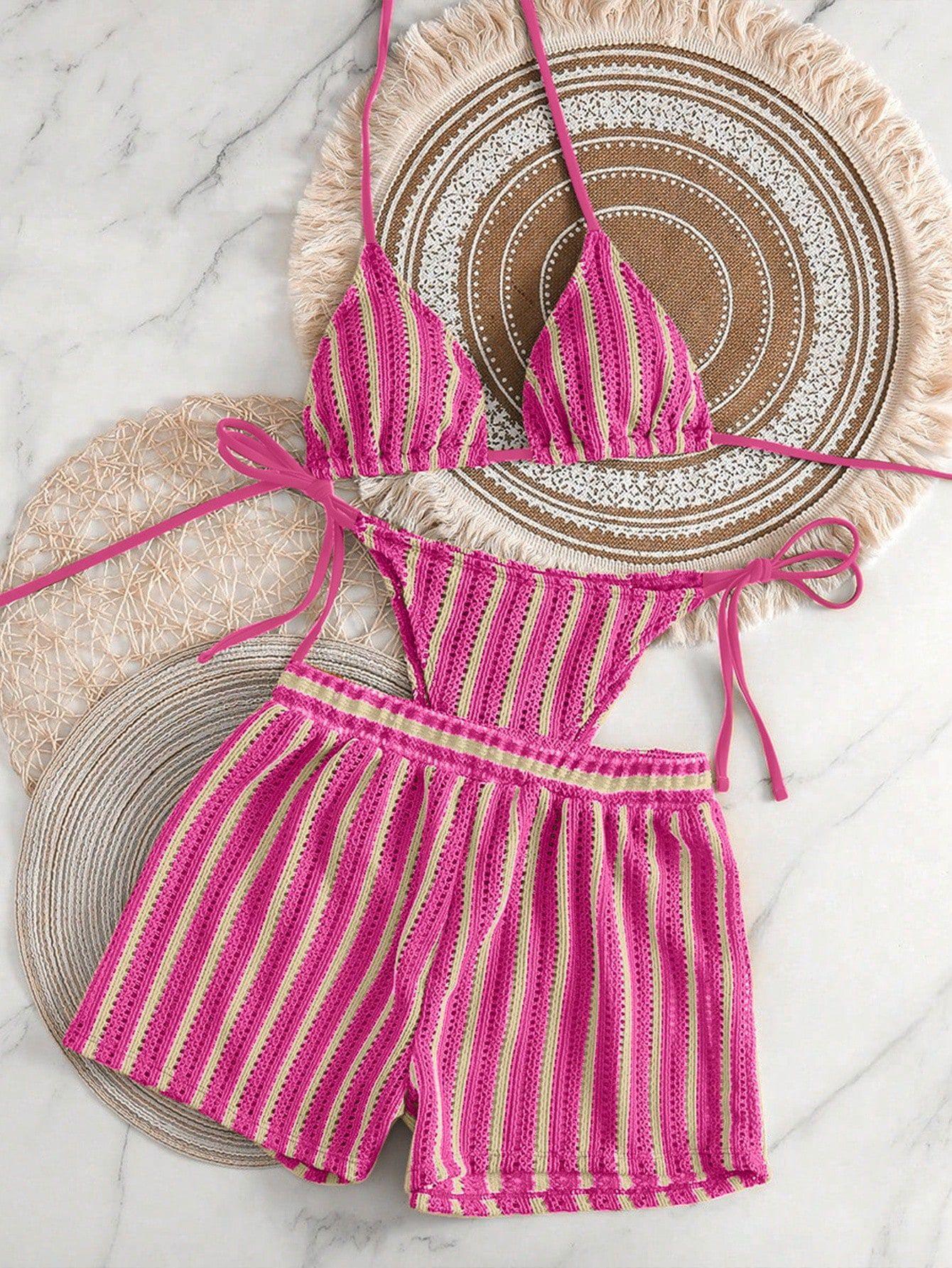 

Sexy Green Orange Striped Bikini Set Women Halter Push Up High Waist Panties 3 Piece Swimsuit 2026 Summer Bathing Suit Swimwear S розовый