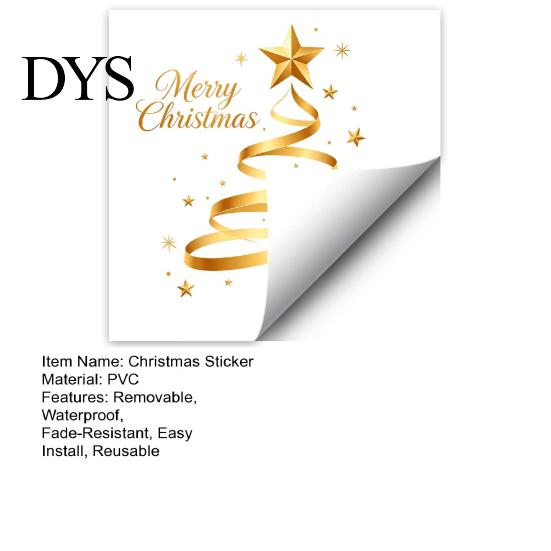 Holiday Glass Stickers Gold Ribbon Christmas Tree Static Cling Window Decal, Merry Golden Pattern Sticker with Stars, Reusable Decor for Home