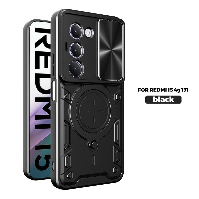 For Xiaomi Redmi 15 4G 171mm Case Slide Lens Protect Armor Shockproof Phone Case Coque For Redmi 15 4G 171mm Ring Holder Cover