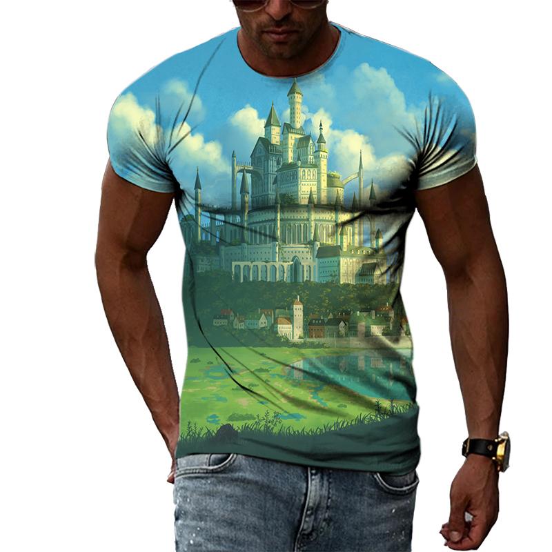 Summer Boys Cartoon Landscape Hand Painted Graphic T Shirts Men Casual 3D Taste Kawaii Printed Round Neck Short Sleeve Tees Tops