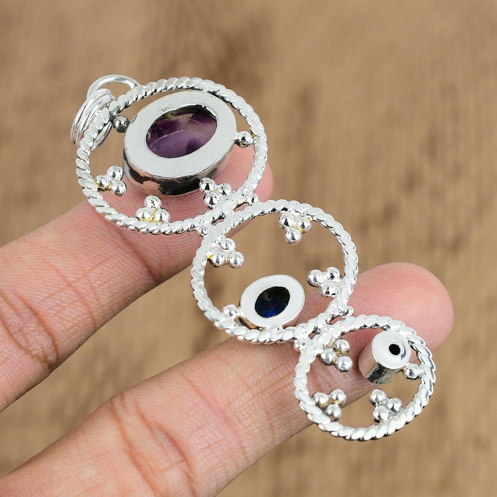 Natural Star Amethyst Tanzanite Quartz 925 Sterling Silver Anniversary Pendant