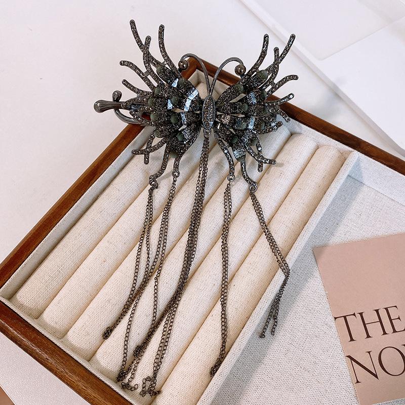 Luxury Vintage Rhinestone Butterfly Metal Chain Tassel Hair Clips Dark Style Ponytail Hairpins Twist Clip Women Hair Accessories