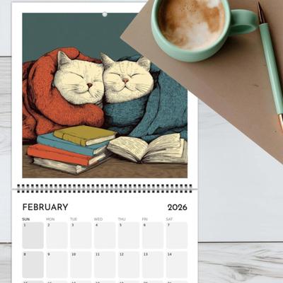 Katten Chillen met Boek 2026 Wandkalender Grappige Kat-Thema 12 Maandelijkse Planner Spiraalgebonden Wandhangkalender voor Kattenliefhebbers Boekenwurm Cadeau