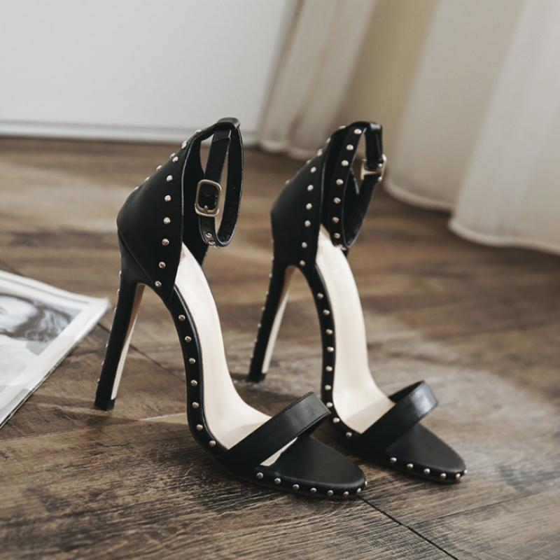 High Heels Summer Sandals Slim Heels Super High Heels Women's Shoes with Rivets Straight Stripes Sexy Sandals Women Luxury Shoes