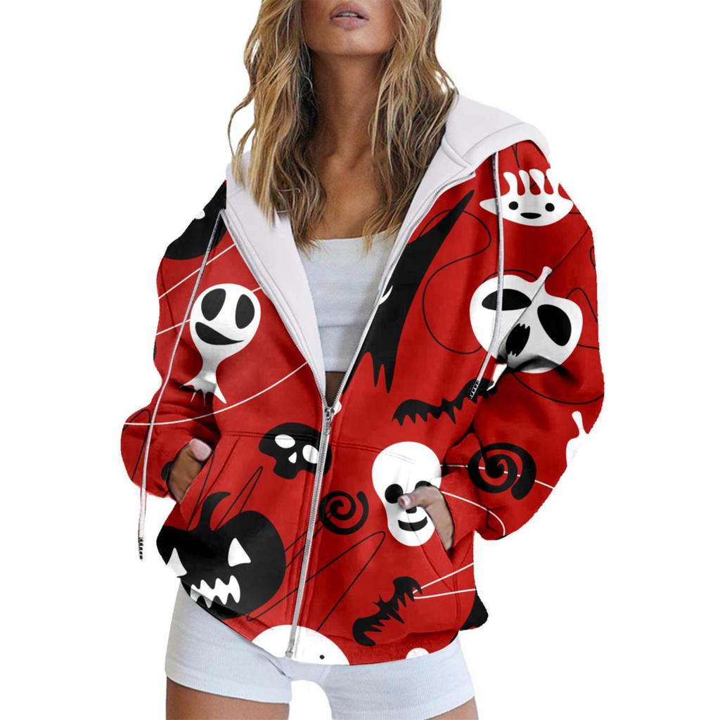 Vintage Printed Hooded Sweatshirt Sportwear Coat for Women 3D Pocket Hoodies Autumn Women's Button Down Jacket