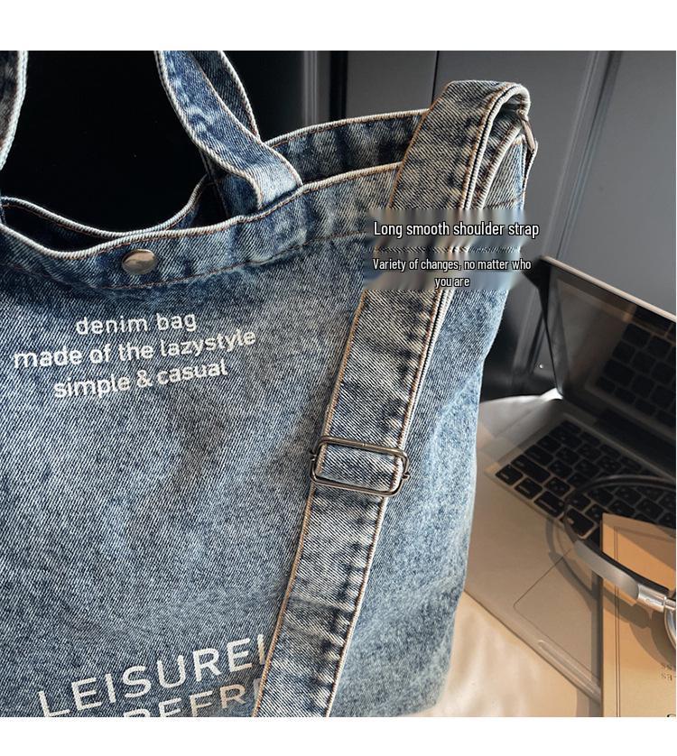 Korean Style Washed Denim Crossbody Tote – Large Capacity with Retro Letter Print (2025 Edition)