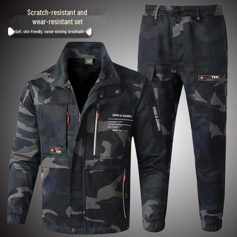Men's Camouflage Welding Suit - Durable Cotton Workwear for All Seasons - Ideal for Military Training, Workshops, and Construction Sites