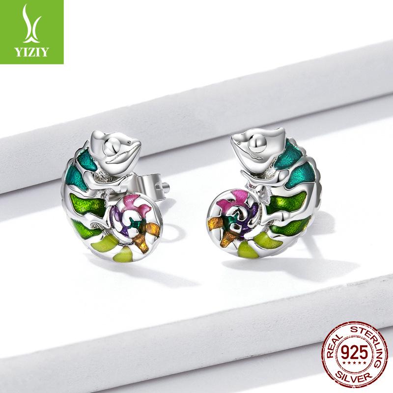 Yin Ziyun Platinum-Plated Chameleon Earrings: Cute Animal S925 Silver for Men & Women - Model BSE587