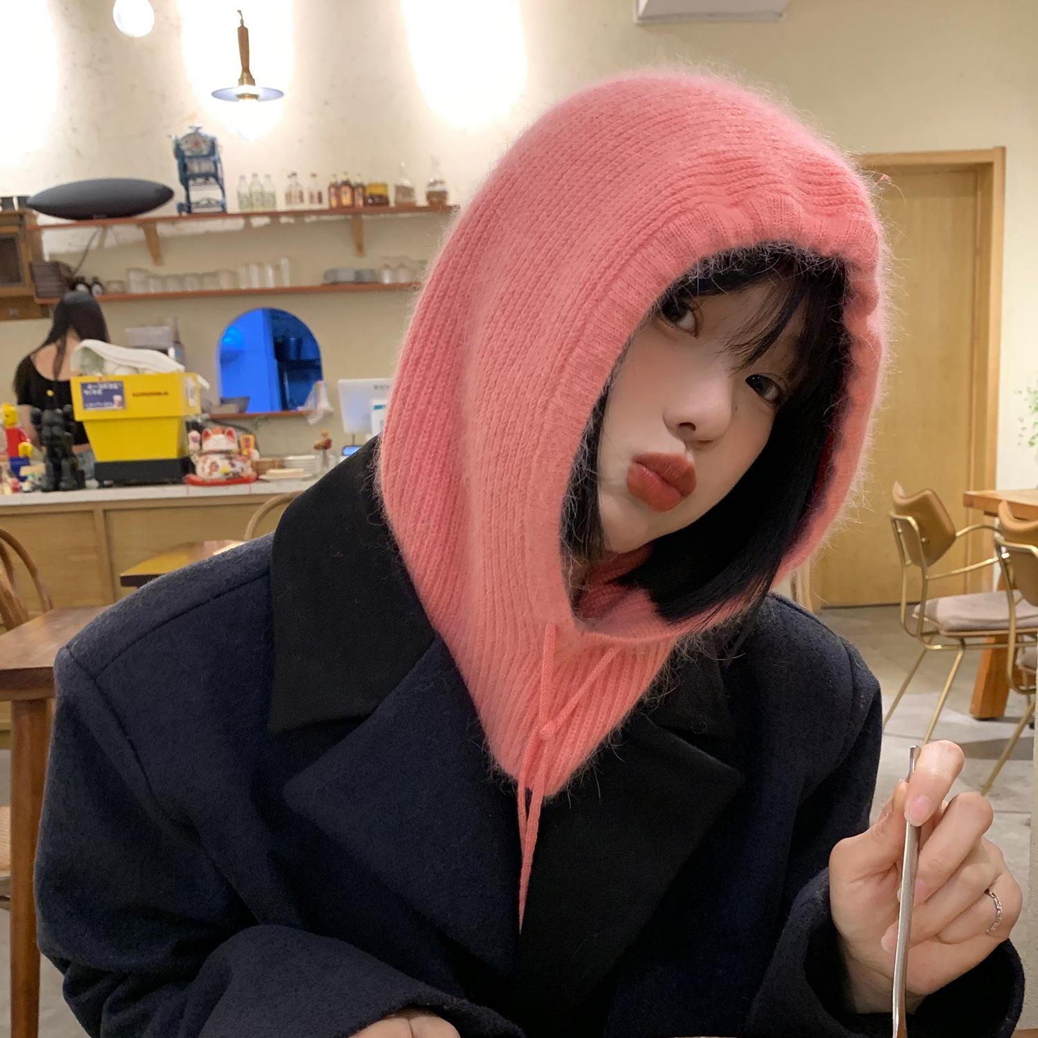 

Balaclava hat women s autumn and winter rabbit fur warm thickened scarf integrated hat wool headgear headgear headgear Adult (56-58cm) рожевий