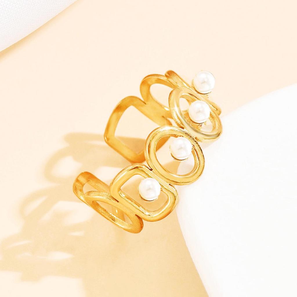 Retro Stainless Steel Geometric Open Ring with Hollow Rectangle Oval Design