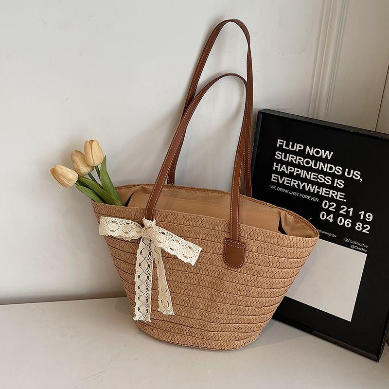 

Straw Bag Women Large Capacity 2025 New Vacation Beach Straw Bag Woven Commuter Bucket Bag Vegetable Basket Tote Bag Khaki