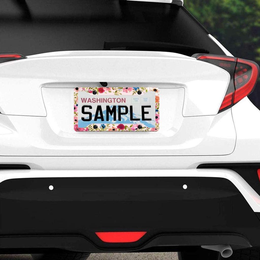 Personalized License Plate Frame Stainless Steels Artistic Flower Pink License Plate Car Tag Holder with 4 Holes and Screws for Women Men Auto