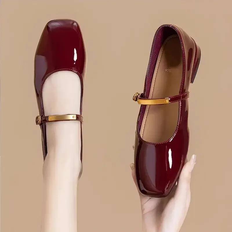Red Genuine Soft Leather Mary Janes Women's Shoes Spring New Style Retro Hepburn Style Slip-On French Style Patent Leather