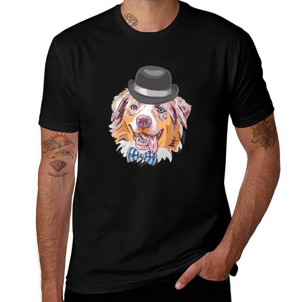 Cute Dog Aussie Blue Merle with Top Hat and Bow Tie Australian Shepherd TShirt Running Gym Short Sleeve Sports Tee