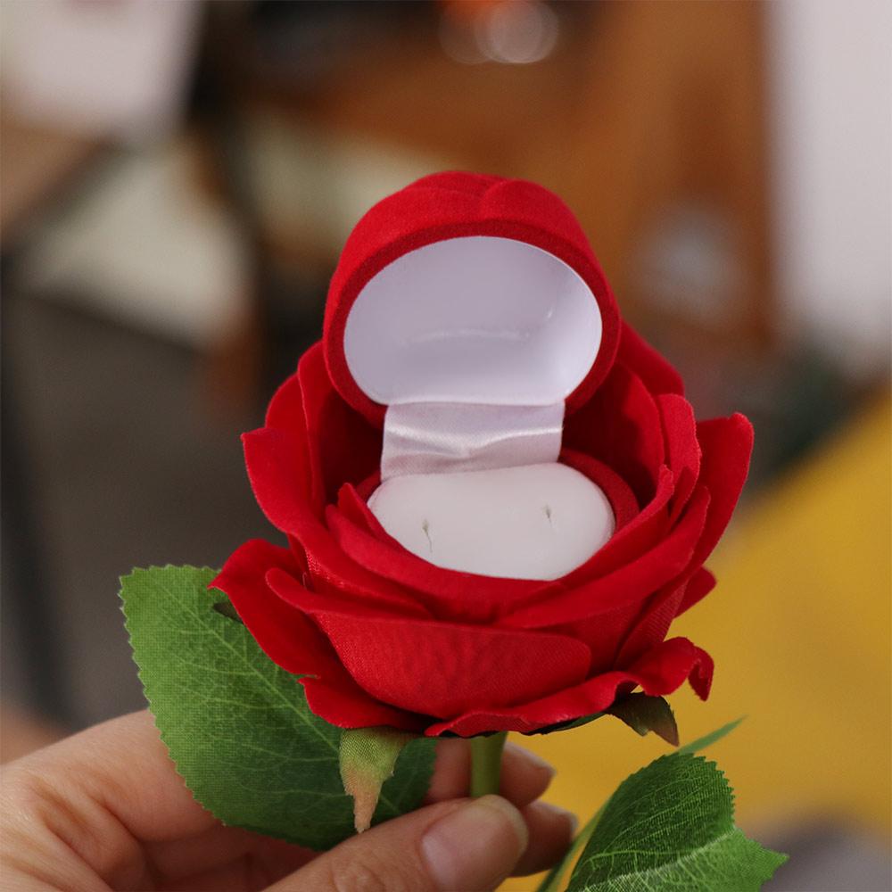 Boîte à Bague Fleur Rose Velours Rouge Boîte de Présentation Bijoux Réaliste Étui Porteur de Bague Rangement Bijoux