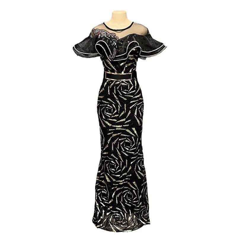 Rose-Shaped Sequin Slim-Fit Fishtail Evening Gown, Long Dress with Off-Shoulder Ruffles, Luxurious African and European Women's Long Dress