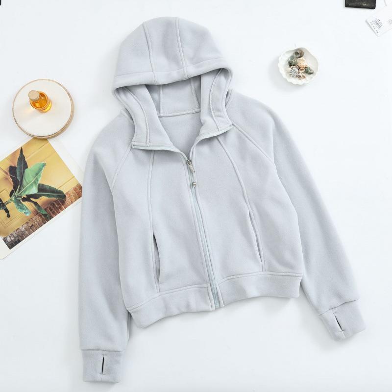 Fleece short hooded sweater women, autumn and winter casual sports cardigan jacket
