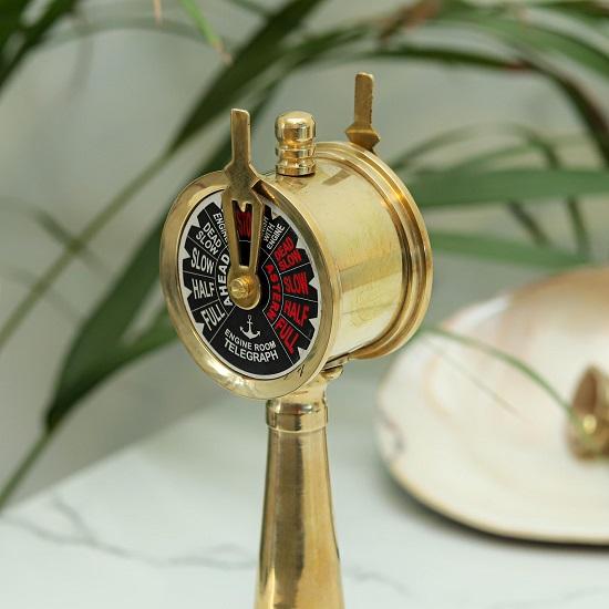Miniature Brass Engine Room Telegraph Nautical Maritime Décor, Ship Throttle Replica with Wooden Base,  Boat Gift