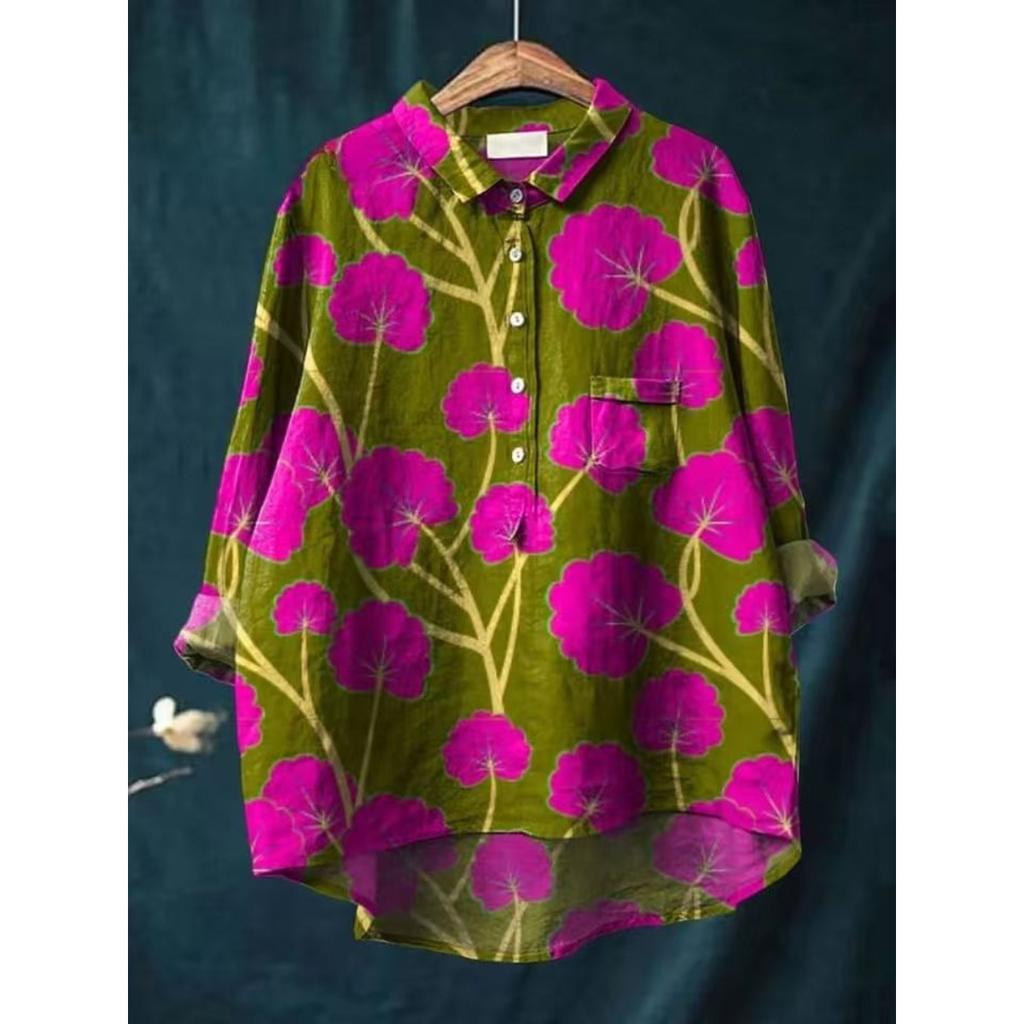 Ladies' Casual Loose Fit Floral Printed Button Up Shirt -Fish School Pattern