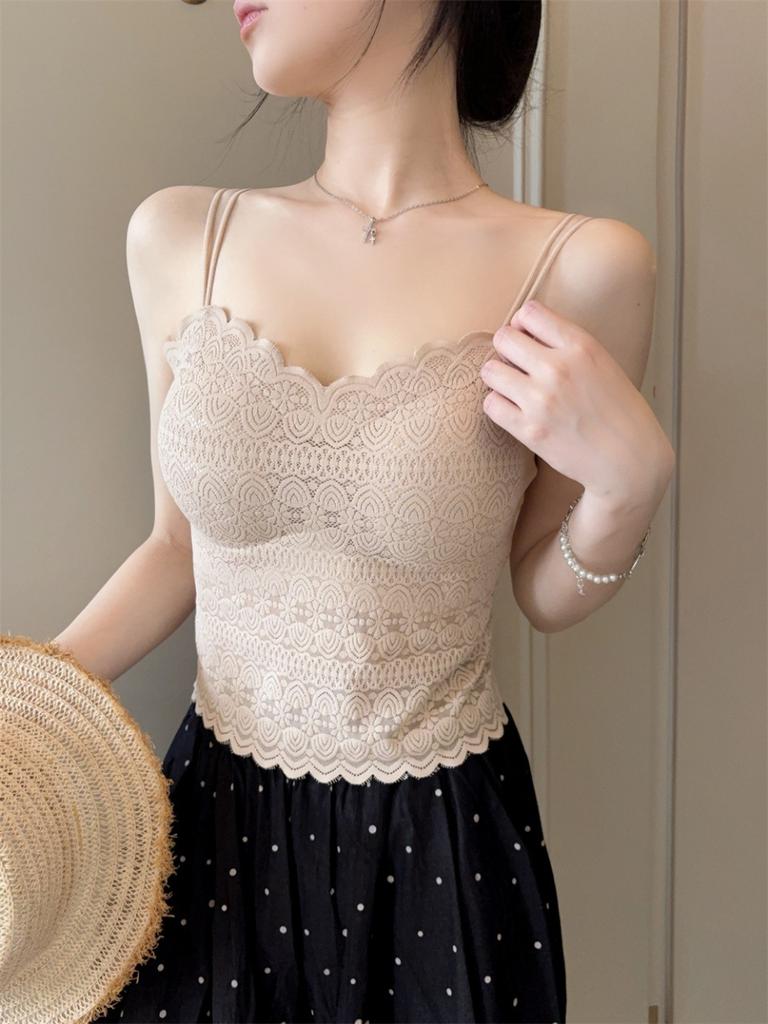 #Summer new casual style V-neck lace dispensing splicing ice silk vest female slim one-piece with chest pad