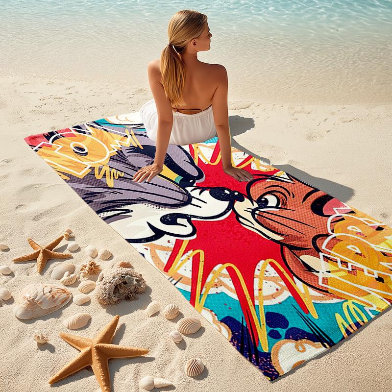 Tom Jerry Hug Cartoon Cat Mouse Soft Beach Towel Outdoor Vacation Beach Towel Outdoor Absorbent Bath Towel Blanket Beach Towel