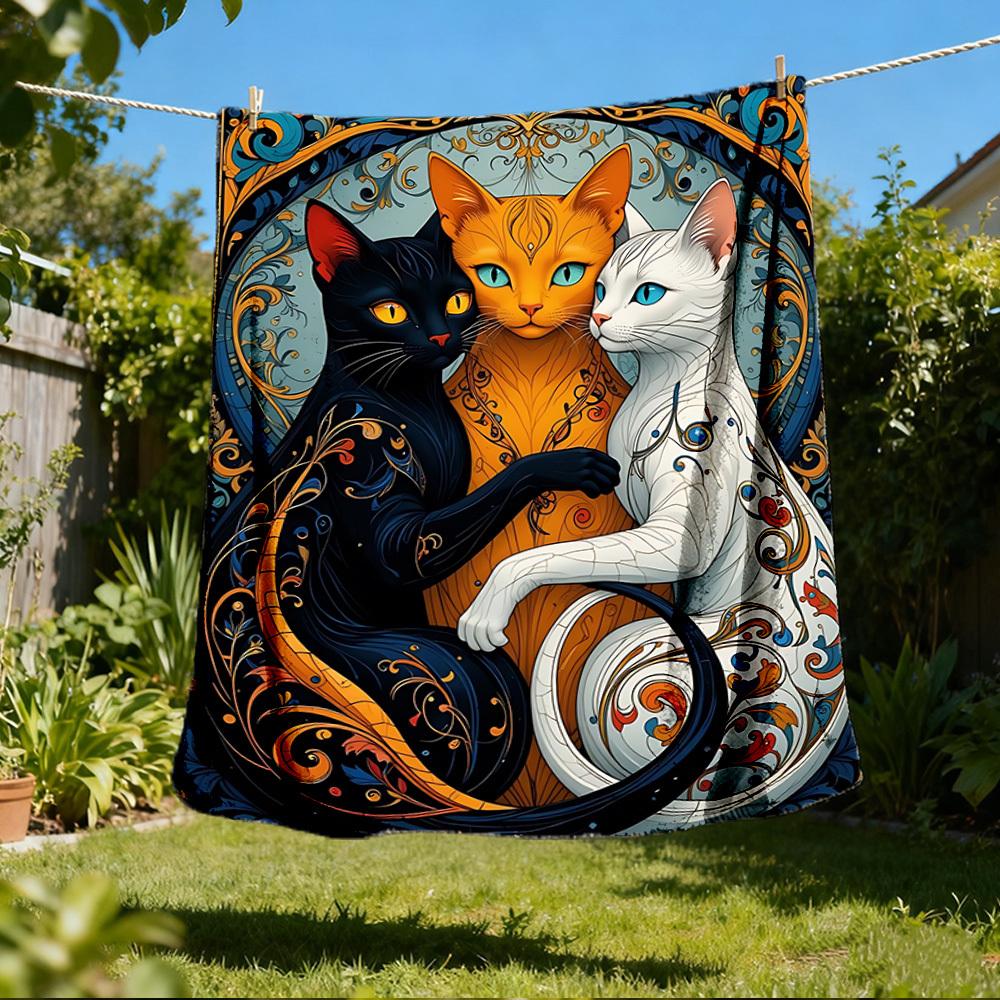 1pc Fantasy Cats Throw Blanket Polyester Fiber, Lightweight Flannel, Soft & Warm, All Season Use for Outdoor, Camping Digital Print
