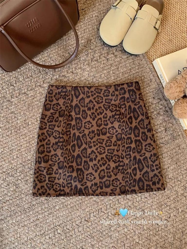 2024 European Leopard Print A-line Midi Skirt - High Waist, Slimming, Petite, Autumn Winter Style