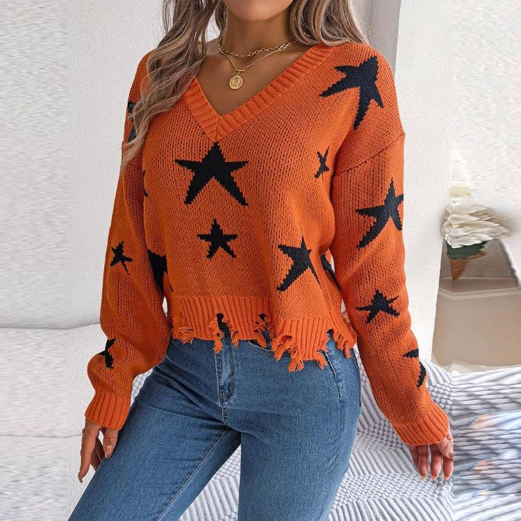Knit Pullover Sweater Women Long Sleeve V Neck Casual Autumn Winter Star Cut