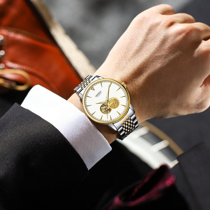 ABORNI Automatic Mechanical Watch Skeleton Gold Dragon Waterproof Luminous Diamonds Men's Watch