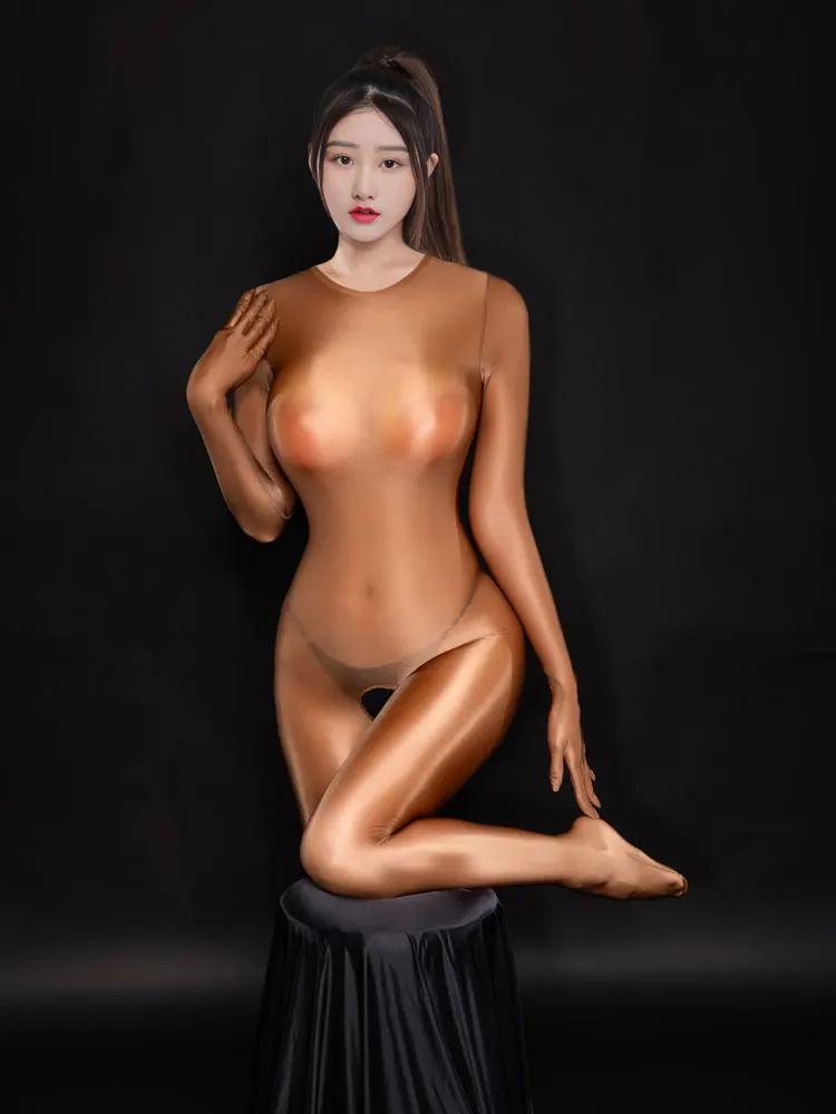 Sexy Five Finger Jumpsuit High Elastic Cortch Women'S Bodysuit Unitard Shiny Glossy Tights Transparent Night Woman Clothing