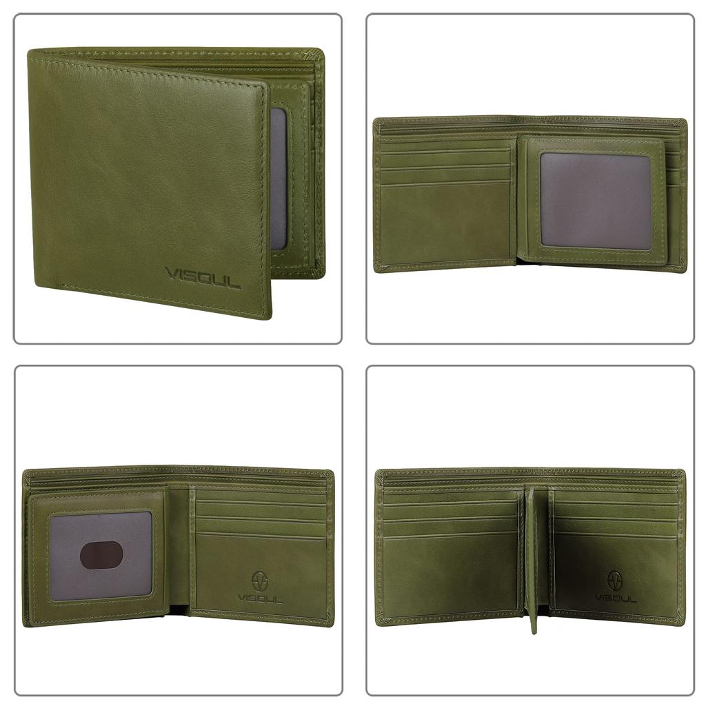 VISOUL Bifold Genuine 10 Card License Large No Coin Popular Italian Made by Top Leather Green Men's Wallet, Leather, Billfold, Slots, Driver's Slot,