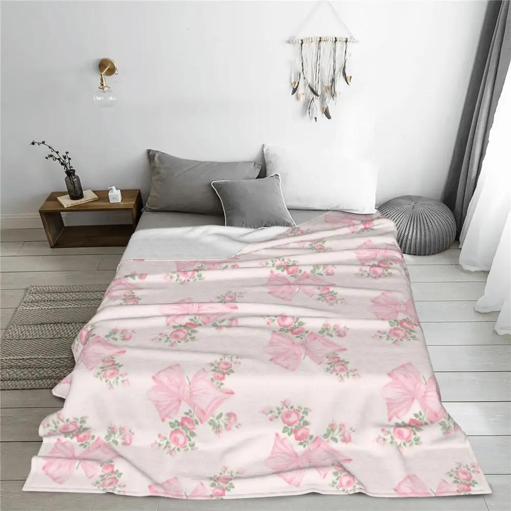 Soft Cozy Pink Bow Floral Flannel Throw Blanket Versatile for Office Camping & Travel All-Season Warmth Machine Washable