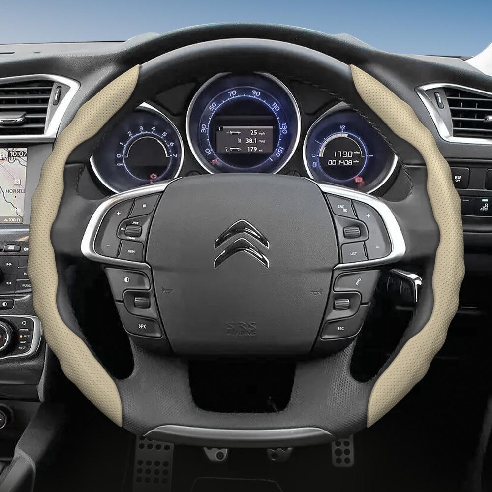 Suitable for Citroen Steering Wheel Cover, Wave-Shaped Sporty Design, Breathable Leather, Segmented Anti-Slip Sweat-Absorbing Steering Wheel