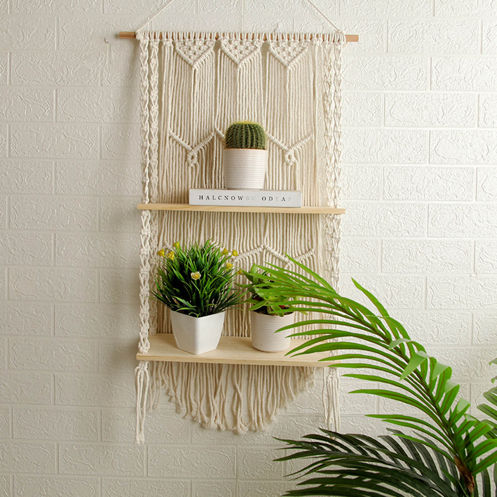 Bohemian Style Hand-Woven Wall Hanging Tapestry Wood Shelf Planter Basket 2 Tier Hanging Rack Art Wall Shelves Macrame