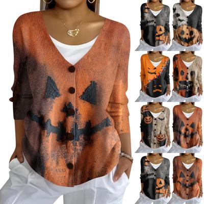Women's Fashion Casual Knit Sweater Button-Up Halloween Printed  Cardigan Jacket