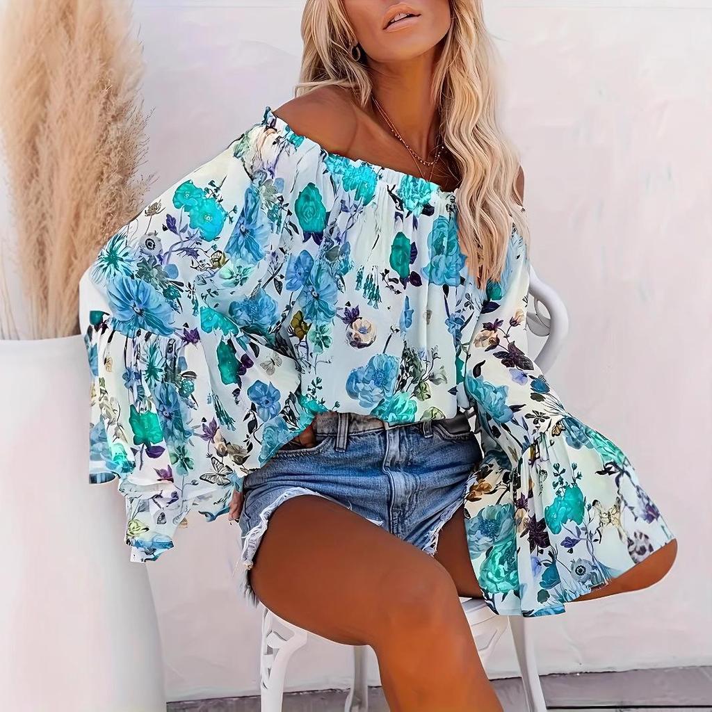 Spring/Summer Floral Off-the-Shoulder Bell Sleeve Top
