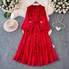 Lace Puff Sleeve Long Dresses Solid Korean Fashion Singe Breasted Elegant Retro Autumn Long Dress Ruffles Bow Women Dress